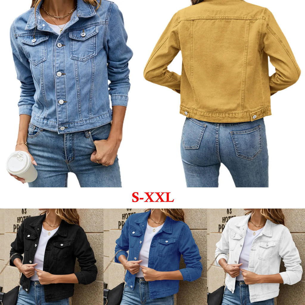 Frauen Denim Jacken Mode Weibliche Casual Langarm Revers Solide Taste Unten Brust Tasche Schlank Jean Jacke Herbst Winter Mantel