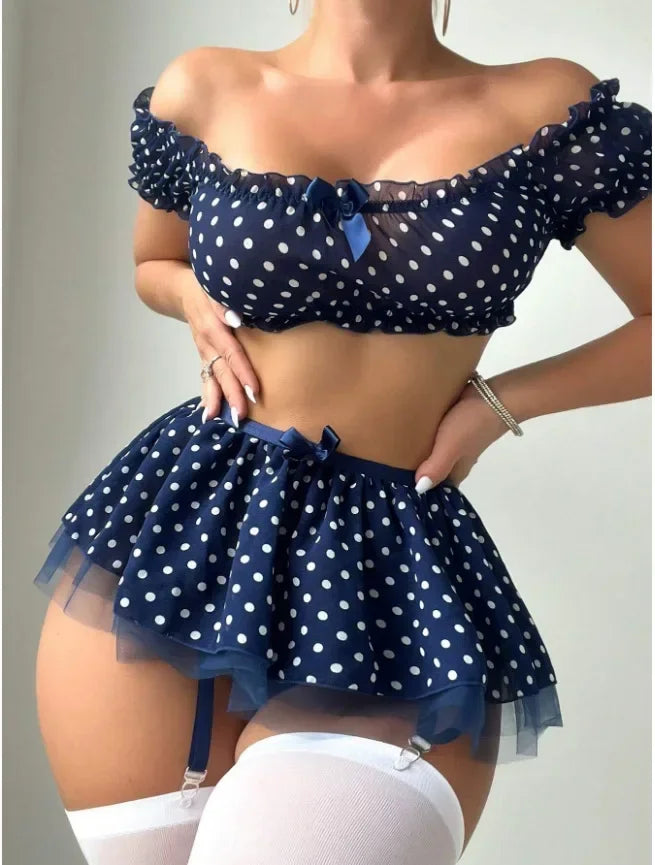 Polka Dot Schulter enthüllt Puffy Rock 3-teilige Sets Sexy Spitze Top Rock Tangas Unterwäsche Anzüge Romantische Intime Exotische Sets