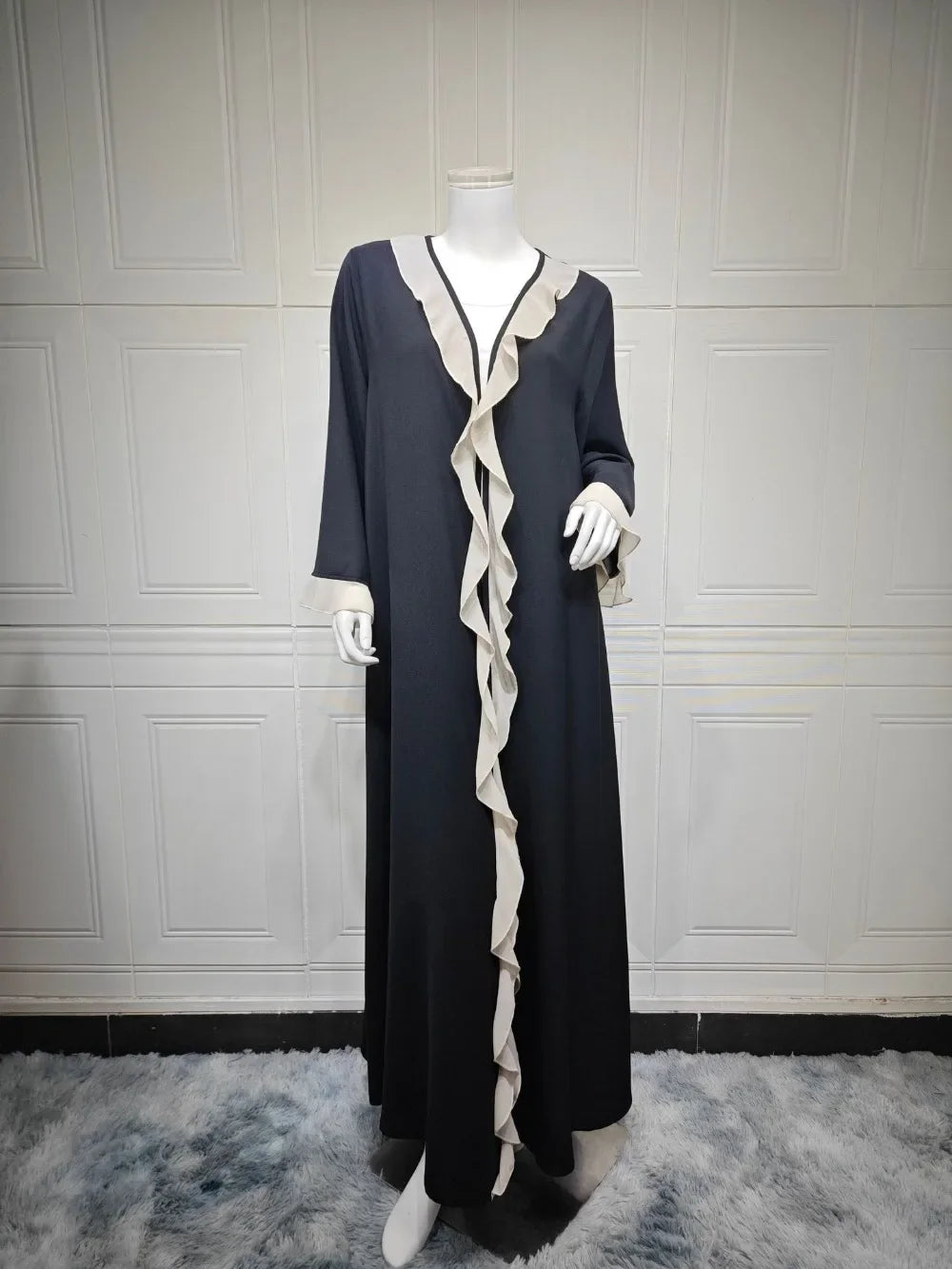 Eid Frauen Abaya Kleid Rüschen Saum Strickjacke Muslimischen Ramadan Offene Party Lange Kleider Kaftan Robe Jalabiya Marokko Dubai Kaftan 2025