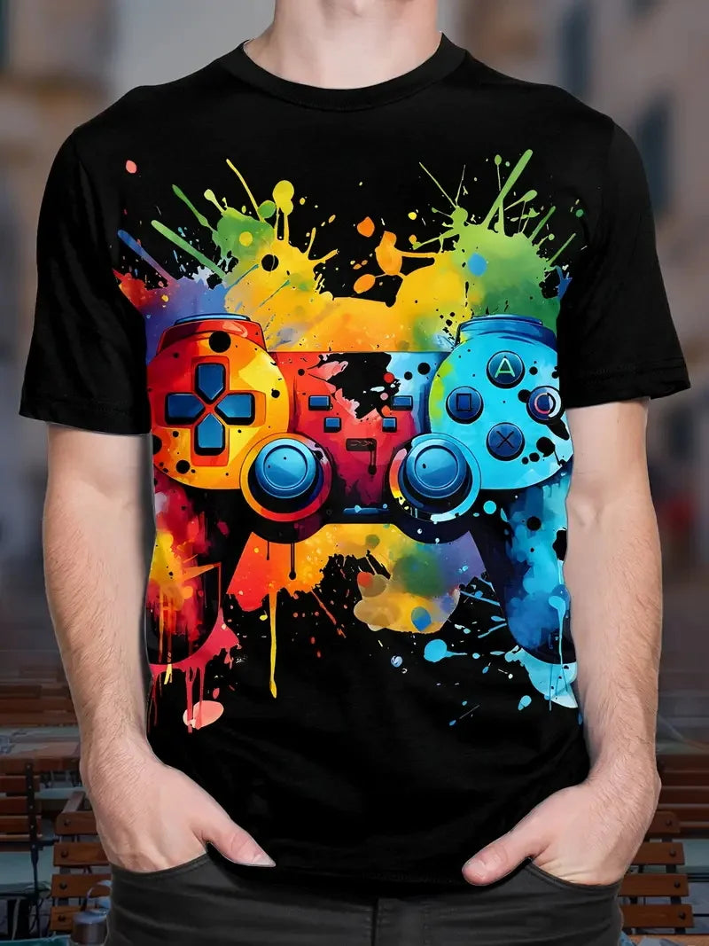 3D-Digitaldruck Herren Casual Vibrant Neon Game Controller Design T-Shirt Neu in Rundhalsausschnitt Kurzarm Gamer T-Shirt für Männer