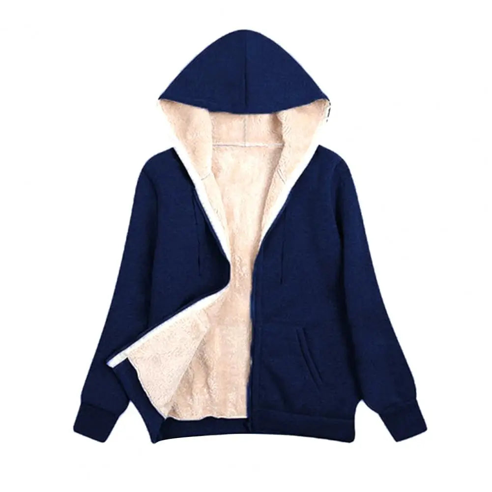 Lightweight Jacket Cozy Fleece-lined Winter Hoodie with Pockets for Women Stylish Zip-up Coat with Drawstring Hem Elastic Cuffs