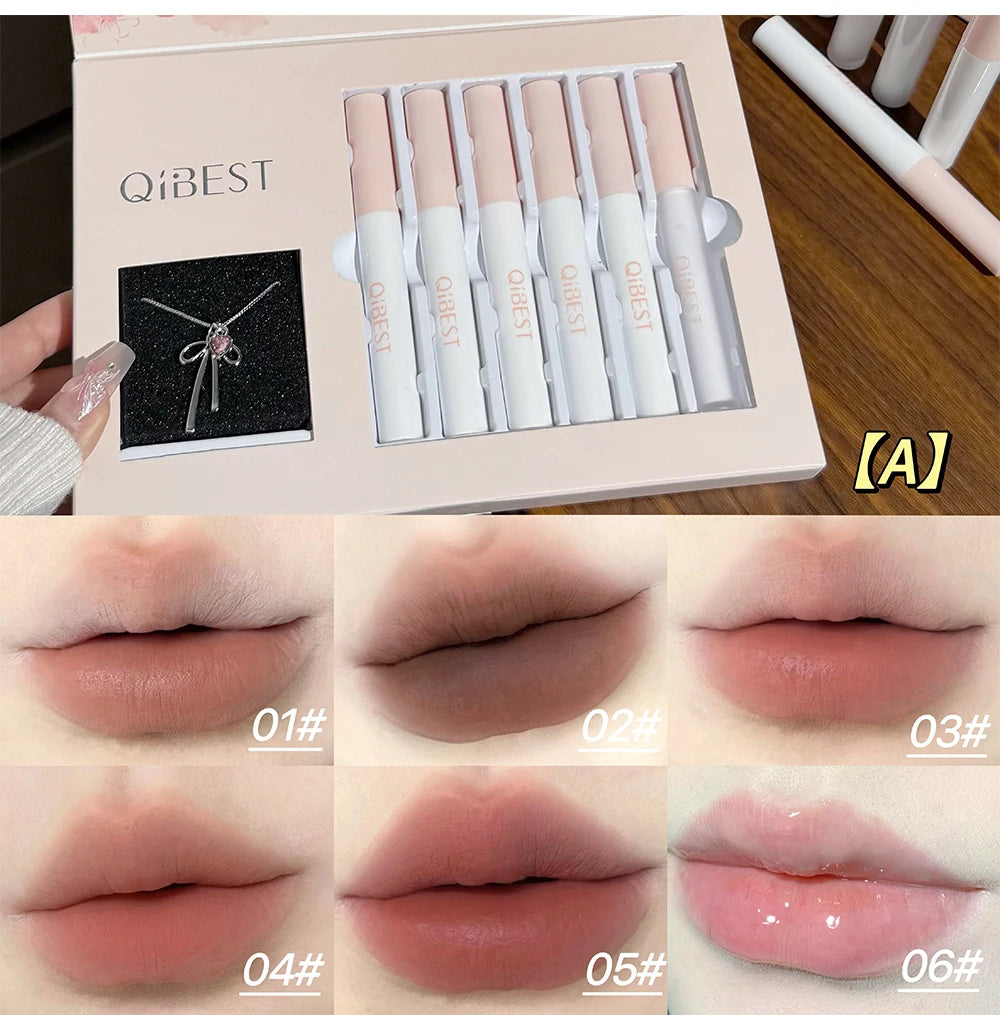 QIBEST 6 Teile/schachtel Matte Lippenstift Sets Und Spiegel Wässrige Lip Glasur Anhaltende Lip Make-Up Sets Feuchtigkeitsspendende Lipgloss Halskette Geschenk