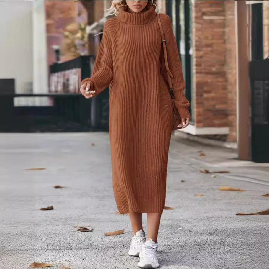 Solides Strickkleid für Damen, gerades Pulloverkleid, knöchellange Kleider, Rollkragen, lange Ärmel, lockere Passform, leichte Trech-Herbst