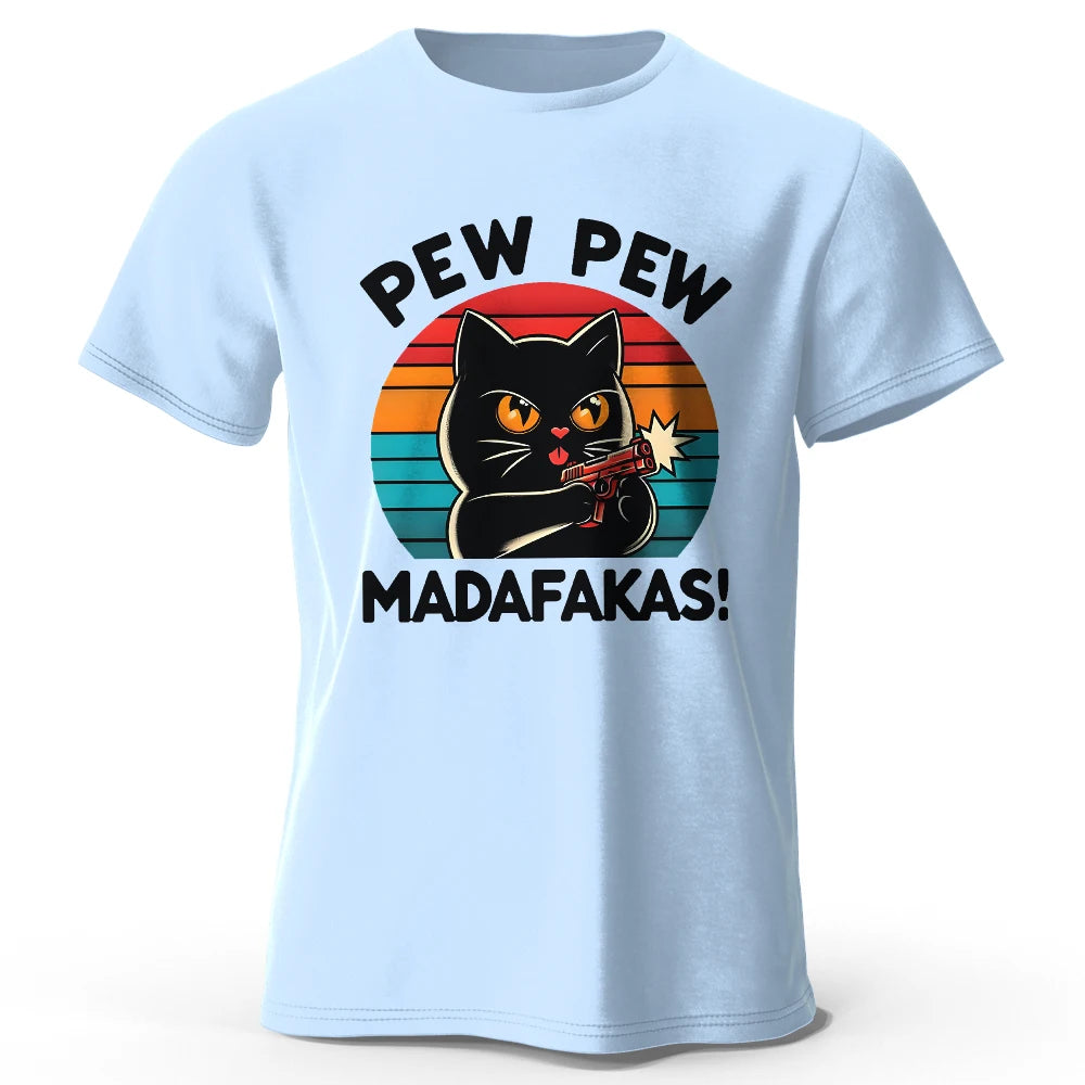 Niedliches handgezeichnetes Katzen-Doodle-Print-T-Shirt aus 100 % Baumwolle, ultraweiches Rundhals-Kurzarm-T-Shirt für Männer und Frauen