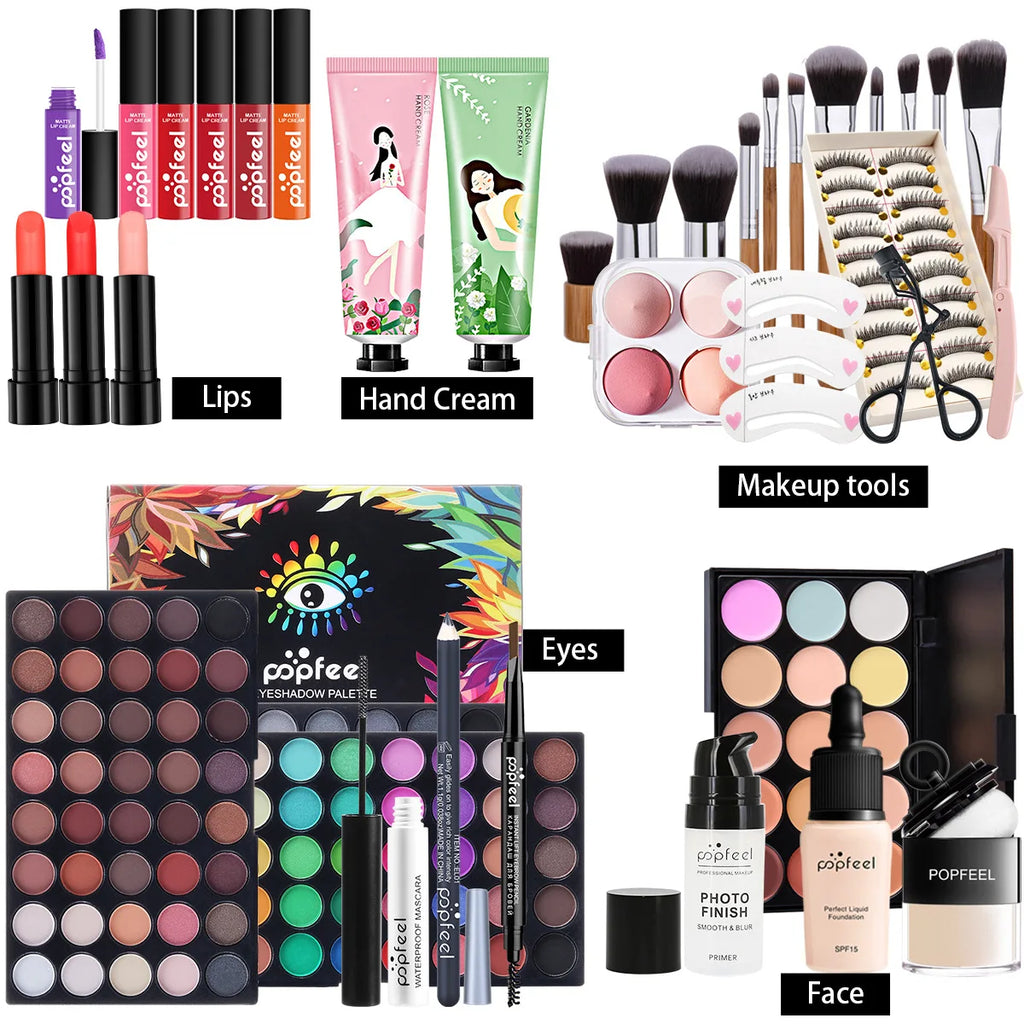 POPFEEL All-in-One-Make-up-Set, Geschenkset mit Lidschatten-Palette, Foundation, Lipgloss, Rouge, Pinsel, Eyeliner und mehr Schönheitsgeschenke