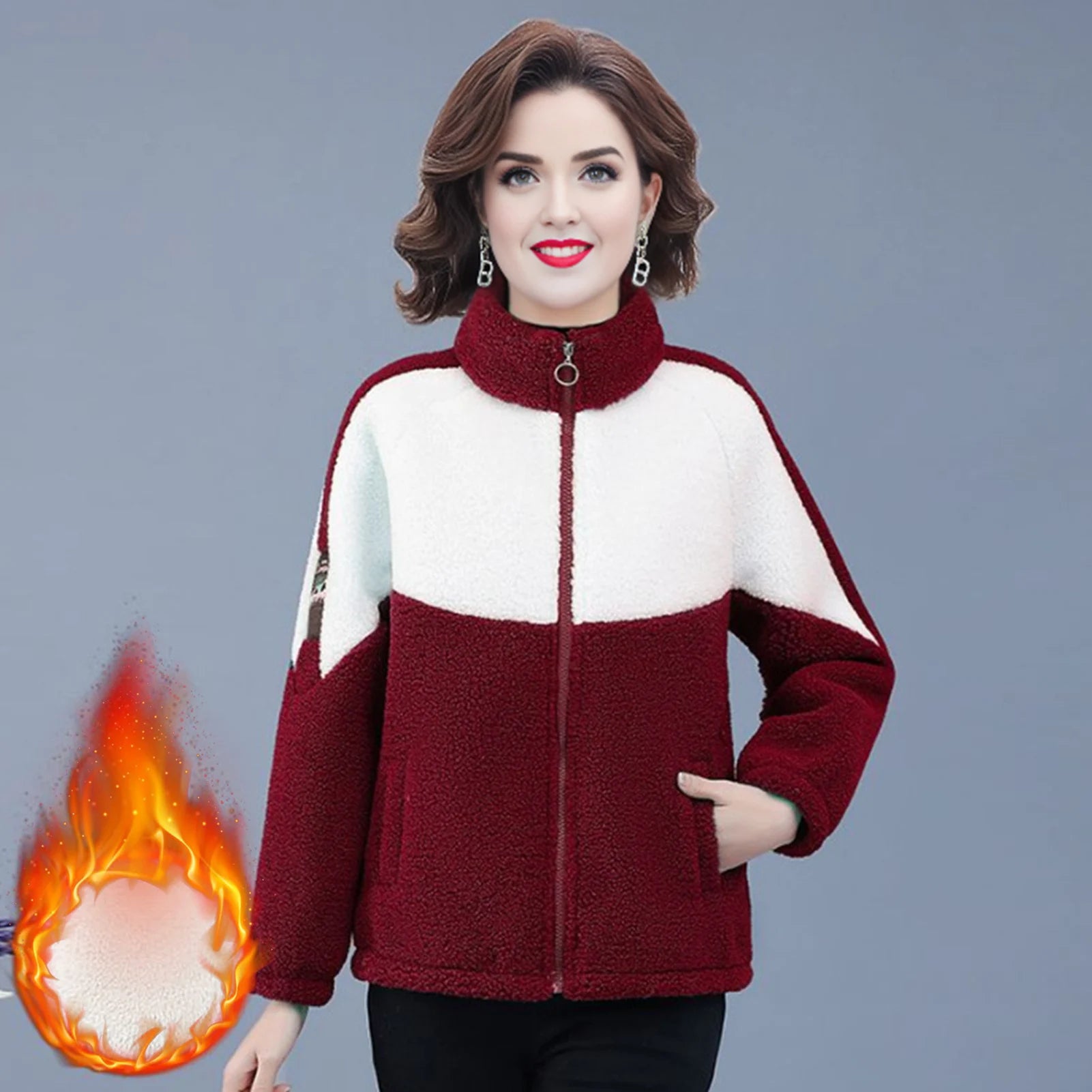 Winter Frauen Mantel Dicken Plüsch Stehkragen Reißverschluss Samt Jacke Colorblock Lange Ärmel Taschen Strickjacke Oberbekleidung
