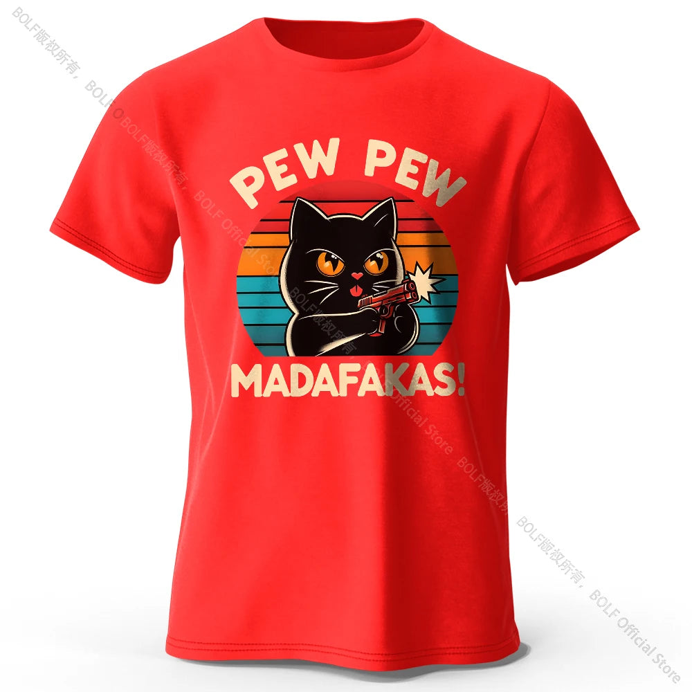 Niedliches handgezeichnetes Katzen-Doodle-Print-T-Shirt aus 100 % Baumwolle, ultraweiches Rundhals-Kurzarm-T-Shirt für Männer und Frauen