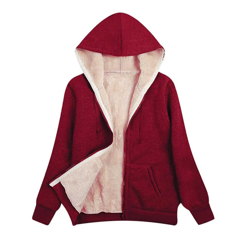 Lightweight Jacket Cozy Fleece-lined Winter Hoodie with Pockets for Women Stylish Zip-up Coat with Drawstring Hem Elastic Cuffs