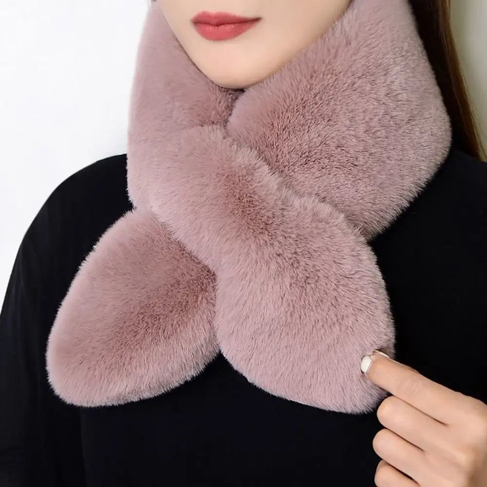 Frauen Winter Warm Verdicken Kreuz Kragen Schal Einfarbig Faux Kaninchen Fell Plüsch Elegante Schal Schals Halstuch Wrap Hals Wärmer