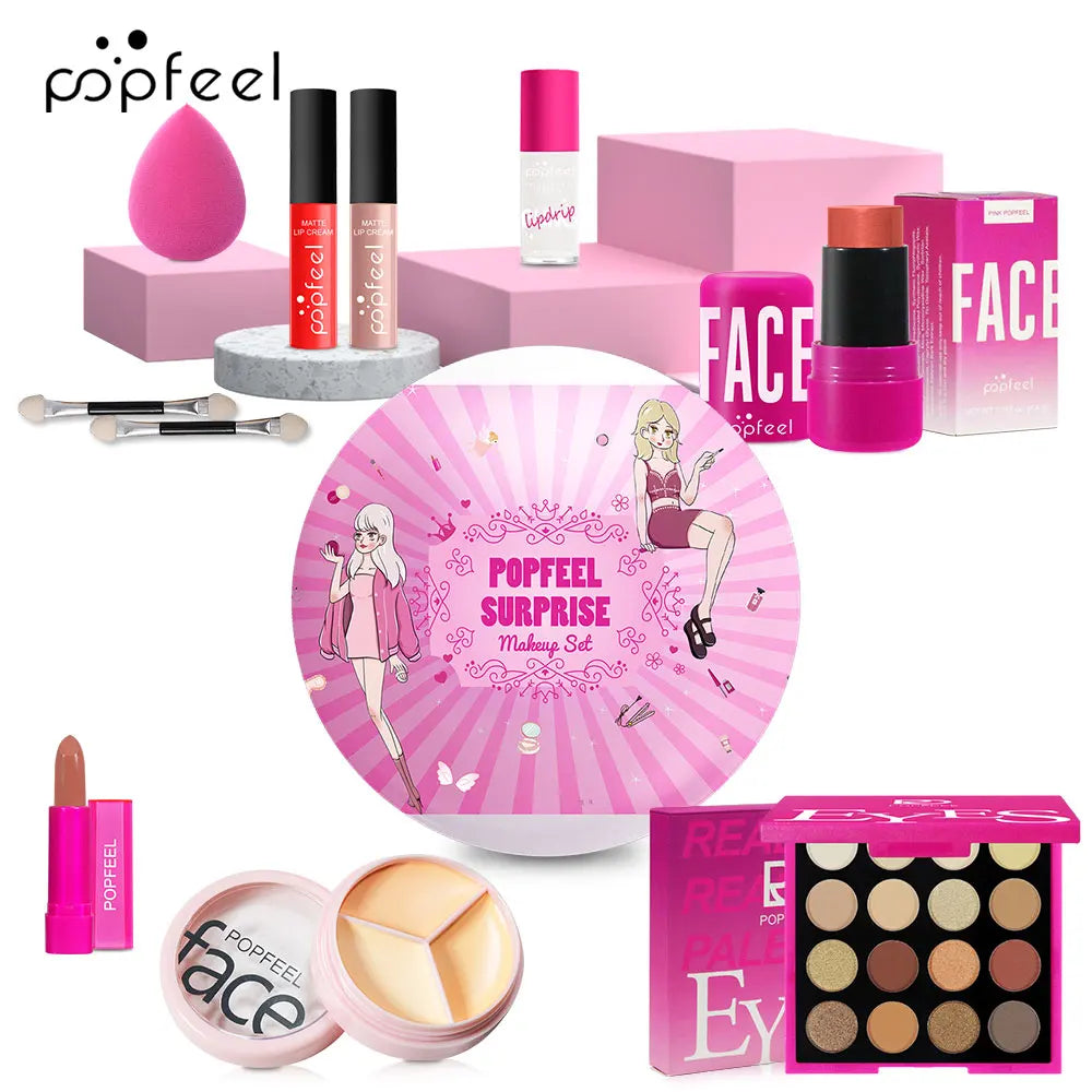 POPFEEL Überraschungs-Make-up-Ball-Set – 9-teiliges Make-up-Set mit Lidschatten und Lippenstiften, perfektes rosa Geschenk für Mädchen, ideale Weihnachten