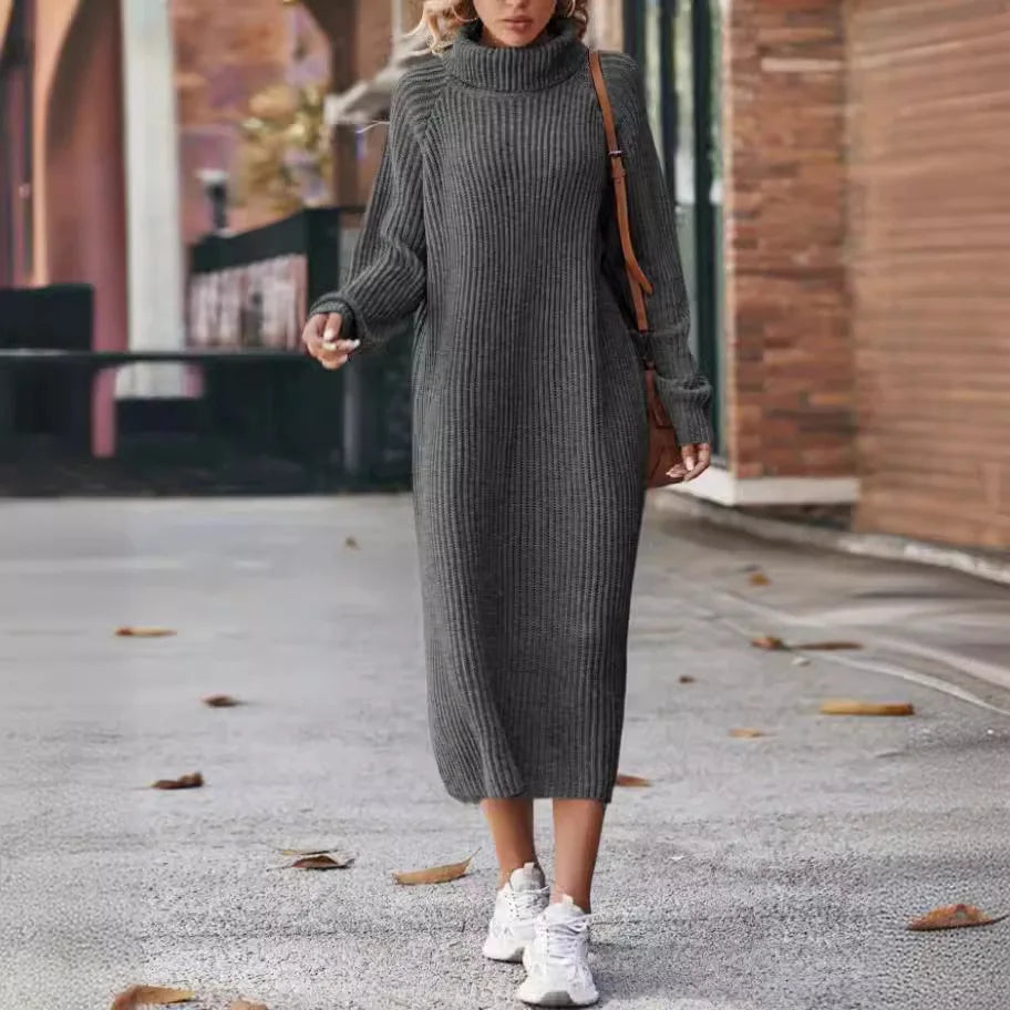 Solides Strickkleid für Damen, gerades Pulloverkleid, knöchellange Kleider, Rollkragen, lange Ärmel, lockere Passform, leichte Trech-Herbst