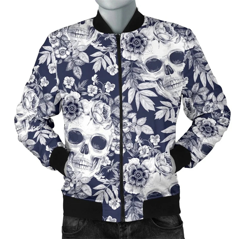 Retro Blume Schädel Grafik Jacke Männer Frauen 3d gedruckt Streetwear Langarm Jacken lässige Persönlichkeit Herbst Bomber Jacke