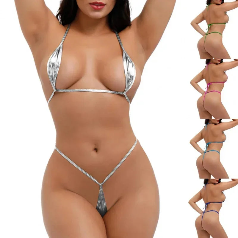 Frauen Bademode Glänzende Erotische Mini Bikini Dessous Set Neckholder BH Micro G String Tanga Unterwäsche PU Patent Leder Badeanzug