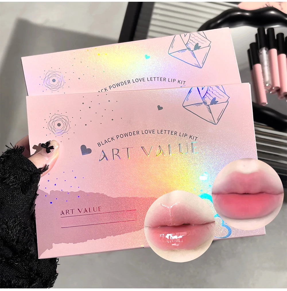 Rosa Liebesbrief Lippenschlamm Spiegelglasur Halskette Set Lippen Make-up Set mit mattem weichem Nebel und weißem Frauen Make-up Kosmetik Geschenke