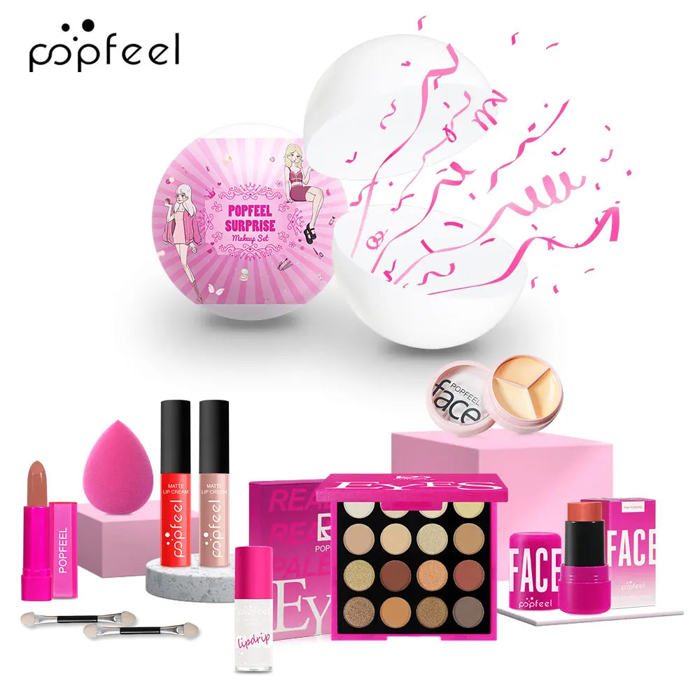POPFEEL Überraschungs-Make-up-Ball-Set – 9-teiliges Make-up-Set mit Lidschatten und Lippenstiften, perfektes rosa Geschenk für Mädchen, ideale Weihnachten