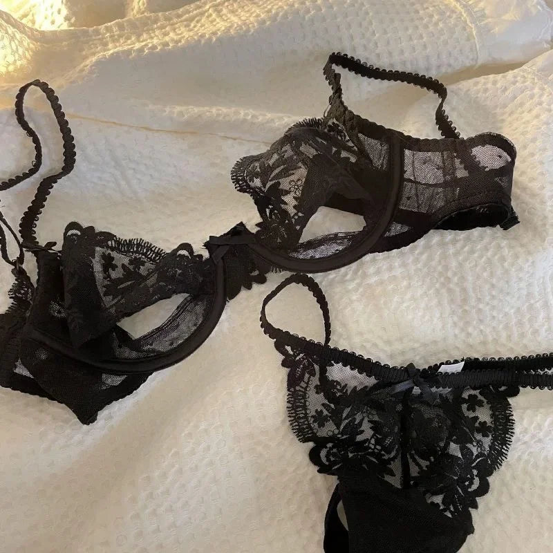 Französisches sexy BH- und Slip-Set, Dessous, ultradünn, durchsichtig, sexy Blumenspitze, Bügel-Set, große Brüste, zeigen kleine Anti-Sag-BHs