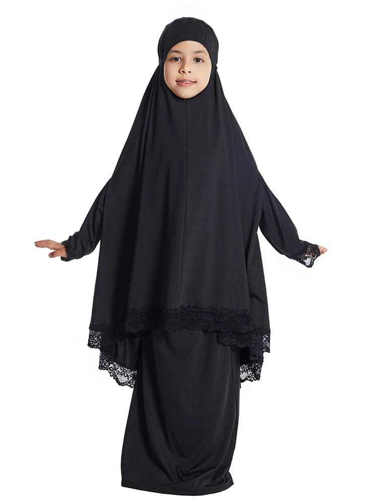 Muslimische Kinder Mädchen Hijab Kleid Ramadan Khimar Rock Set Overhead Eid Gebet Kleidungsstück Burka Abaya Robe Kaftan Kapuzenkleid