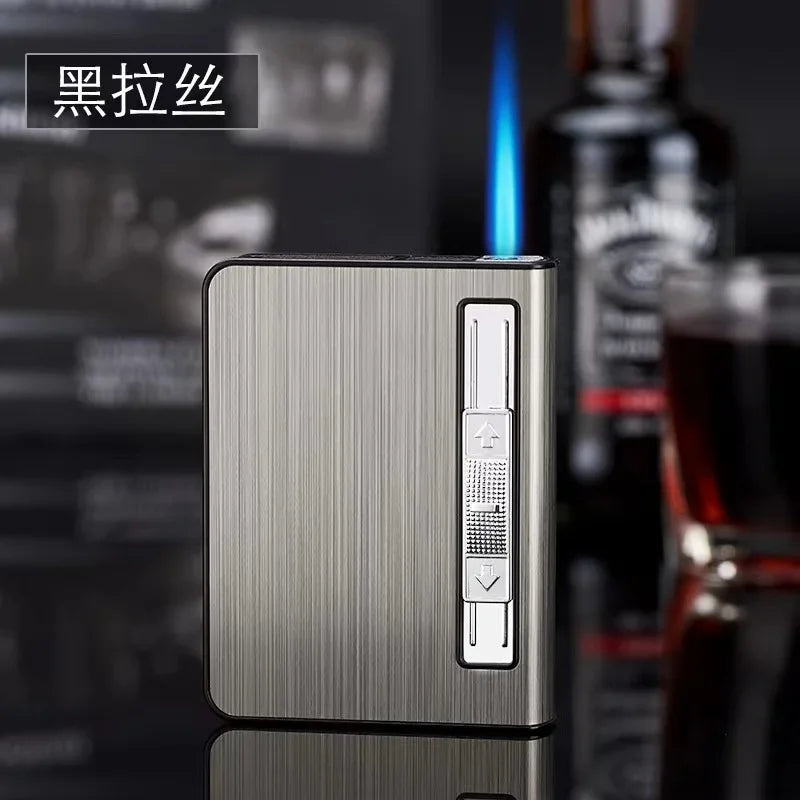 Automatisches Pop-Up-Zigarettenetui mit aufblasbarem Feuerzeug für 20-Zigaretten, Anti-Druck-Zigarettenetui aus Metall, Geschenk für Männer