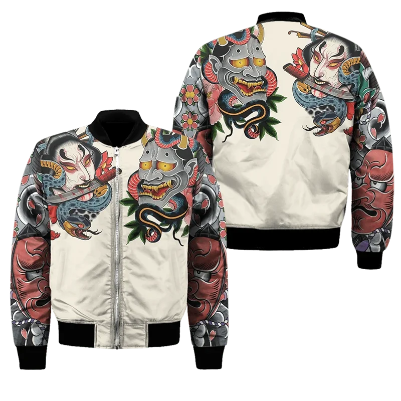 Frühling Herbst Herren Bomberjacke Samurai Oni Maske Tattoo 3D All Over Gedruckt Reißverschluss Trainingsanzüge Unisex Casual Reißverschluss Jacke Kleidung