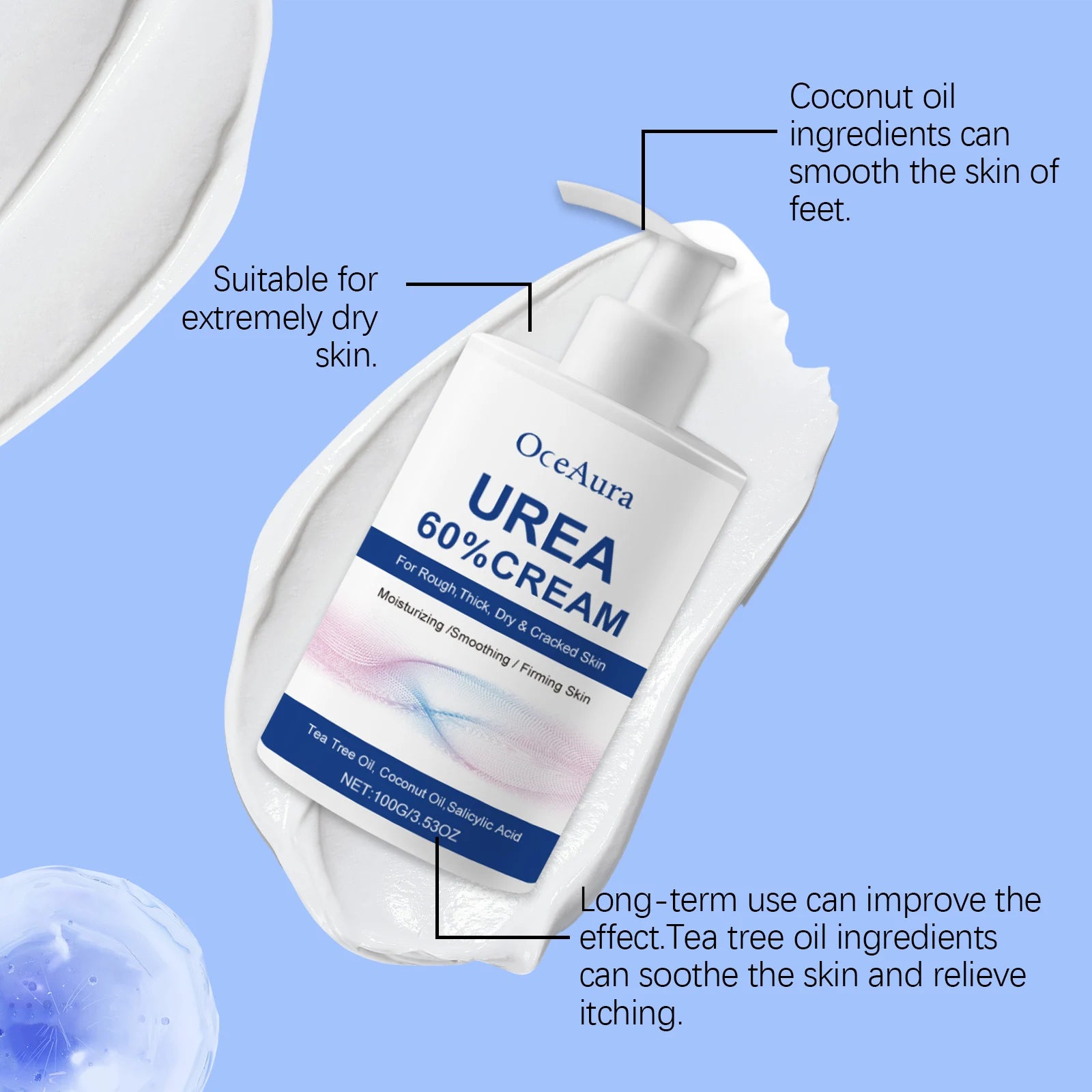 Harnstoff-Fußcreme – Peeling-Feuchtigkeitsbehandlung mit Kokosnussöl und Salicylsäure, hilft bei der Erweichung rauer Haut und verhindert Trockenheit