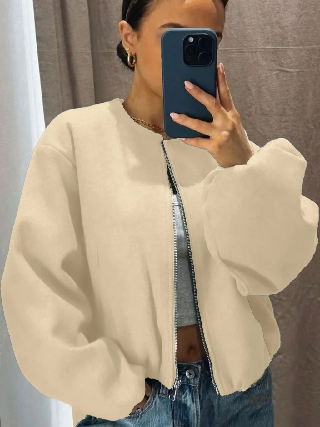 Mäntel Solide Zipper Strickjacke Frauen O Neck Jacke Langarm Gespleißt Taschen Lose Fit Herbst 2022, Casual Leichte Strech