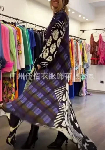 Lose Taille Kleid Frauen Volle Hülse Casual EINE Linie Lange V-ausschnitt Vestidos Drucken Taschen Splice Herbst Winter 2025, Maxi Kleider