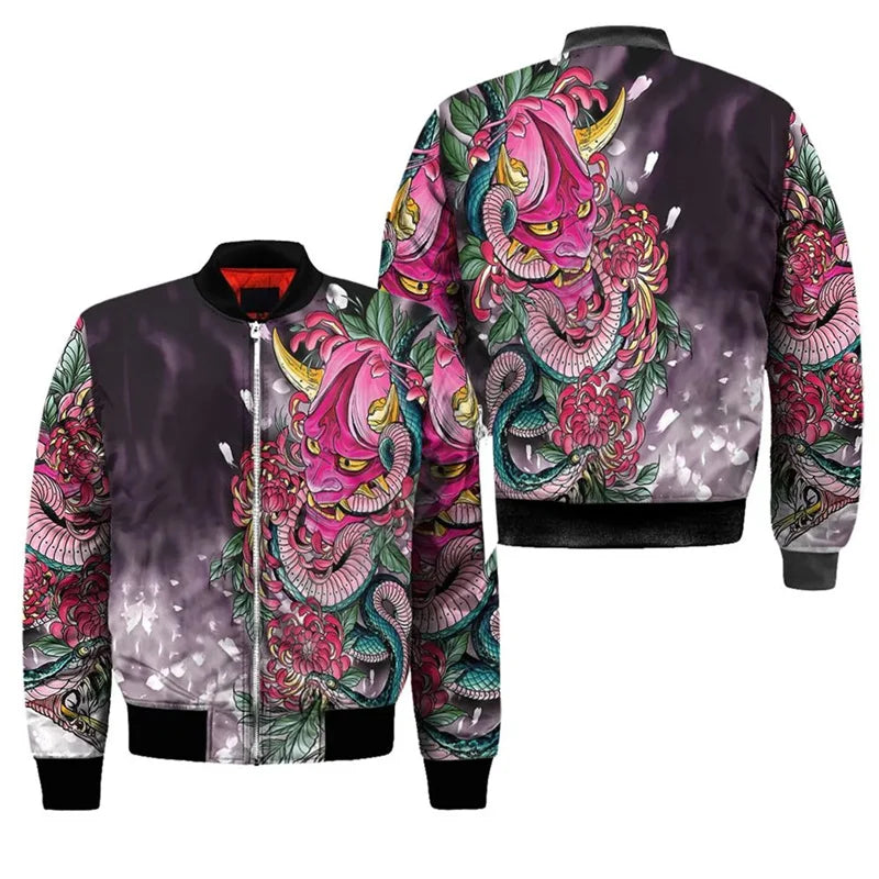 3D Gedruckt Neue Samurai Oni Maske Tattoo Herren Bomber Jacke Casual Frühling Herbst Vintage Zipper Jacke Unisex Kleidung Streetwear
