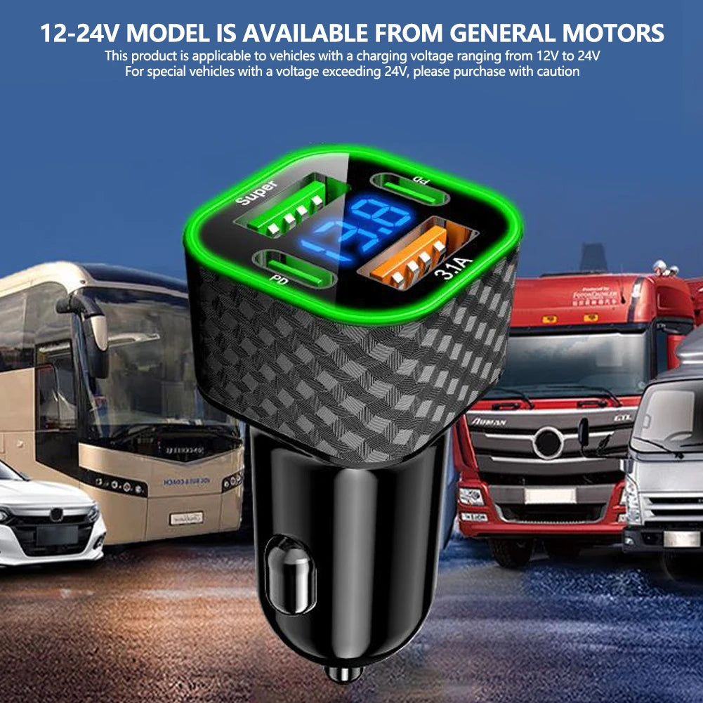 4-in-1-Autotelefon-Ladegerät USB C Dual PD mit Spannungsanzeige 380 W Superschnellladeadapter für iPhone Xiaomi Oppo Vivo Samsung