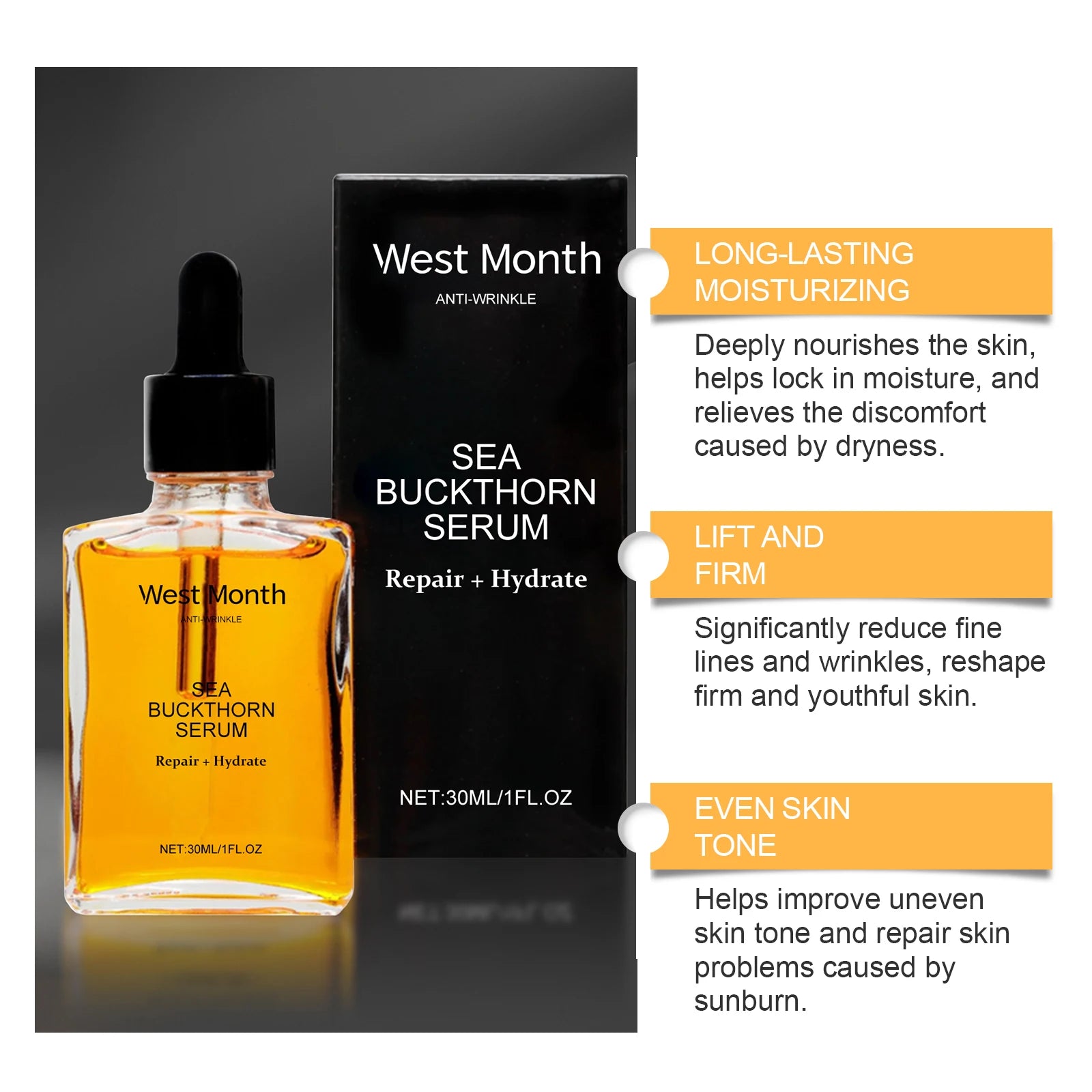 Feuchtigkeitsspendendes Sanddornserum zur sanft feuchtigkeitsspendenden, spenden, nähren, straffen Haut und unterstützen die verjüngende Gesichtsessenz