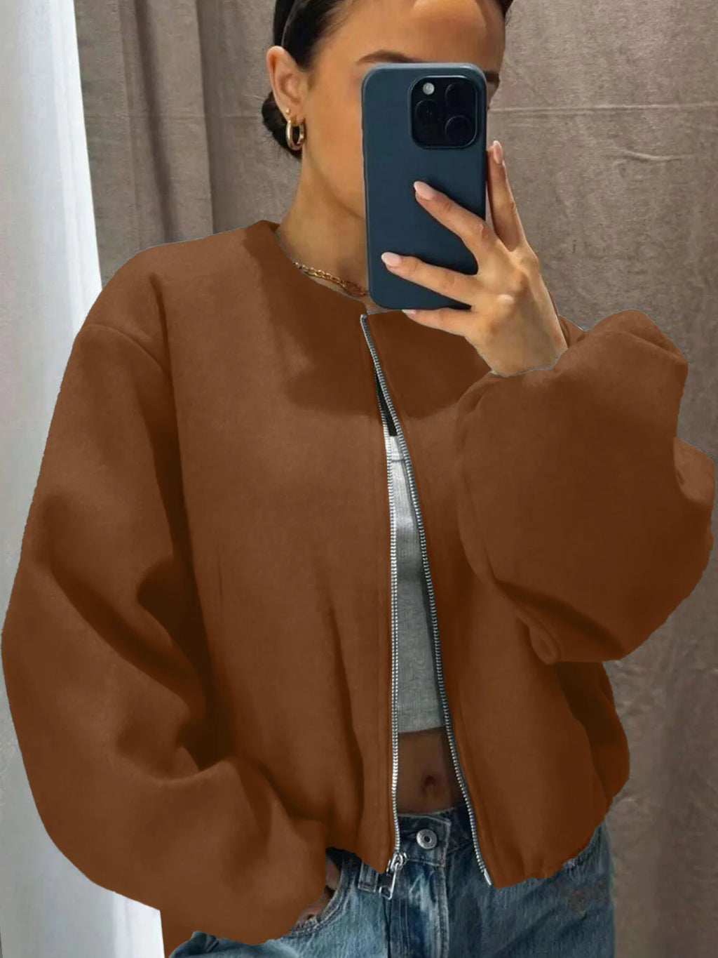 Mäntel Solide Zipper Strickjacke Frauen O Neck Jacke Langarm Gespleißt Taschen Lose Fit Herbst 2022, Casual Leichte Strech