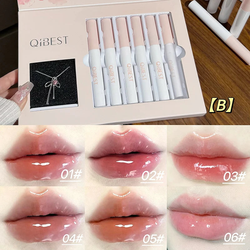 QIBEST 6 Teile/schachtel Matte Lippenstift Sets Und Spiegel Wässrige Lip Glasur Anhaltende Lip Make-Up Sets Feuchtigkeitsspendende Lipgloss Halskette Geschenk
