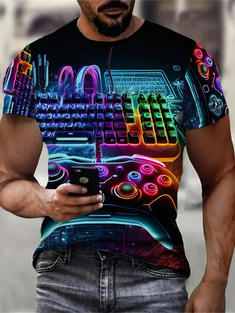 3D-Digitaldruck Herren Casual Vibrant Neon Game Controller Design T-Shirt Neu in Rundhalsausschnitt Kurzarm Gamer T-Shirt für Männer