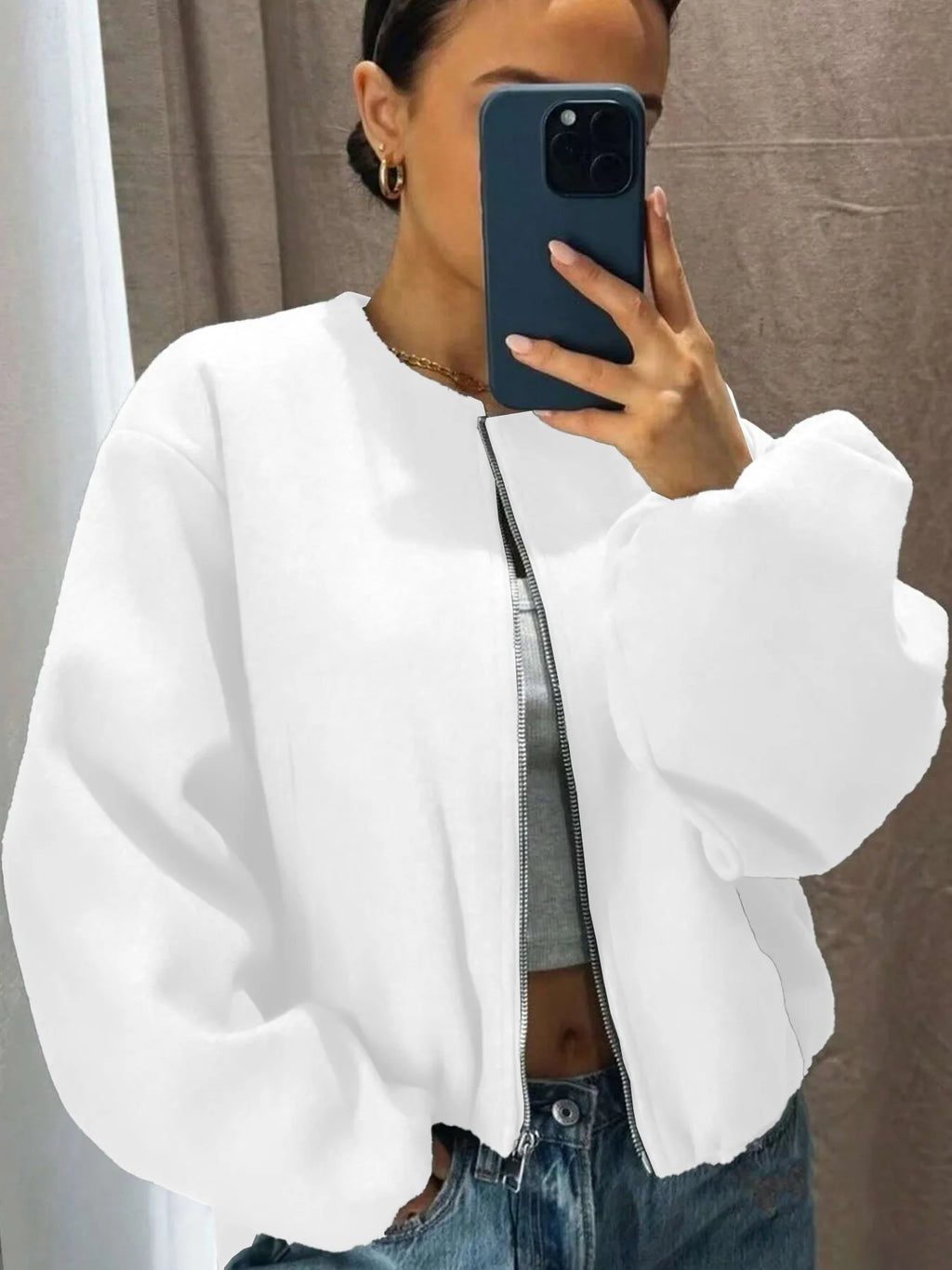 Mäntel Solide Zipper Strickjacke Frauen O Neck Jacke Langarm Gespleißt Taschen Lose Fit Herbst 2022, Casual Leichte Strech