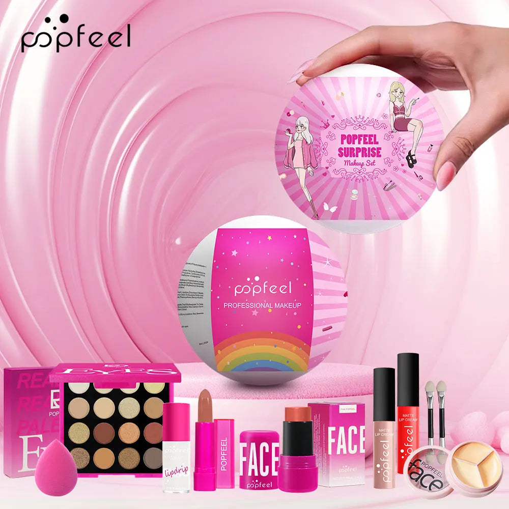 POPFEEL Überraschungs-Make-up-Ball-Set – 9-teiliges Make-up-Set mit Lidschatten und Lippenstiften, perfektes rosa Geschenk für Mädchen, ideale Weihnachten