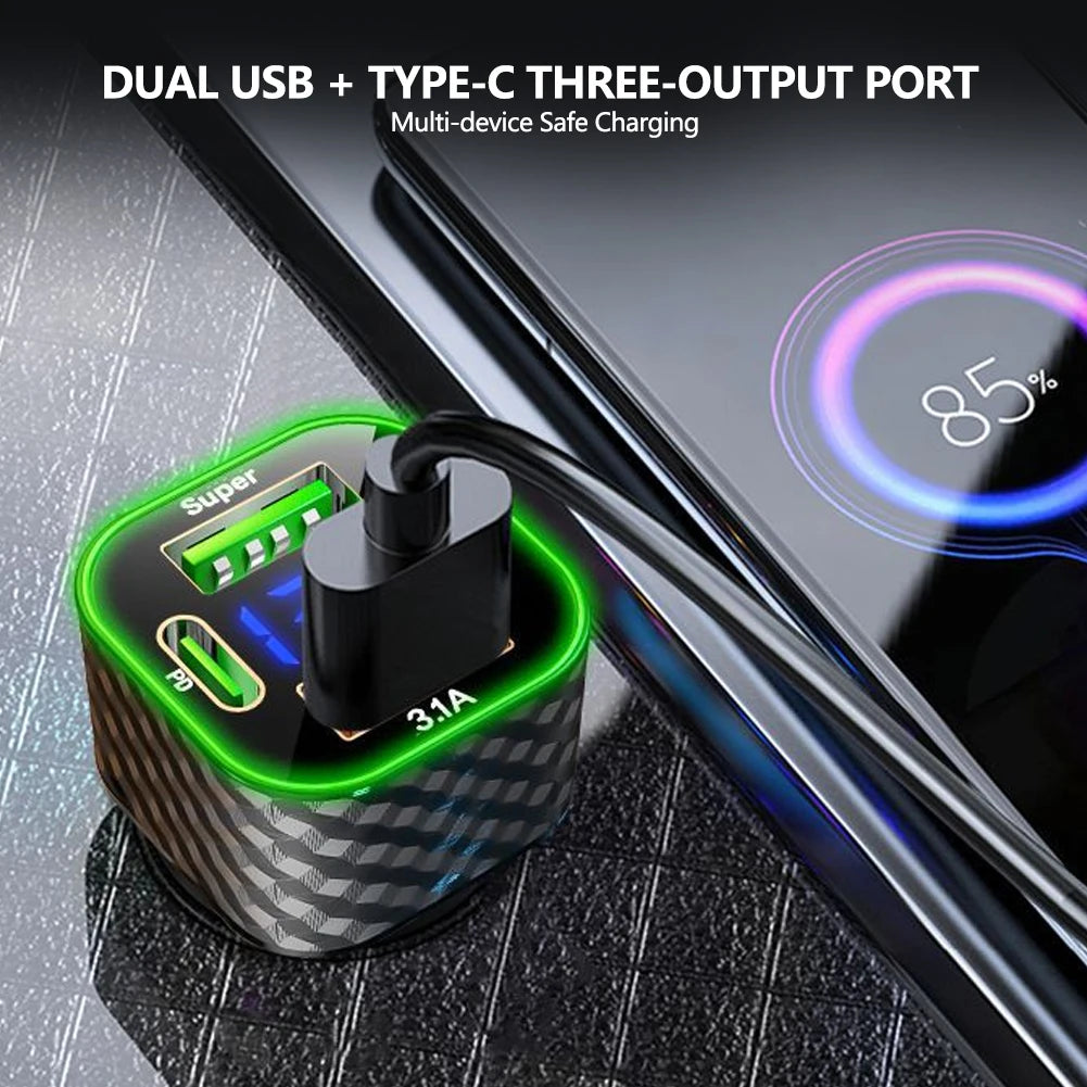 4-in-1-Autotelefon-Ladegerät USB C Dual PD mit Spannungsanzeige 380 W Superschnellladeadapter für iPhone Xiaomi Oppo Vivo Samsung