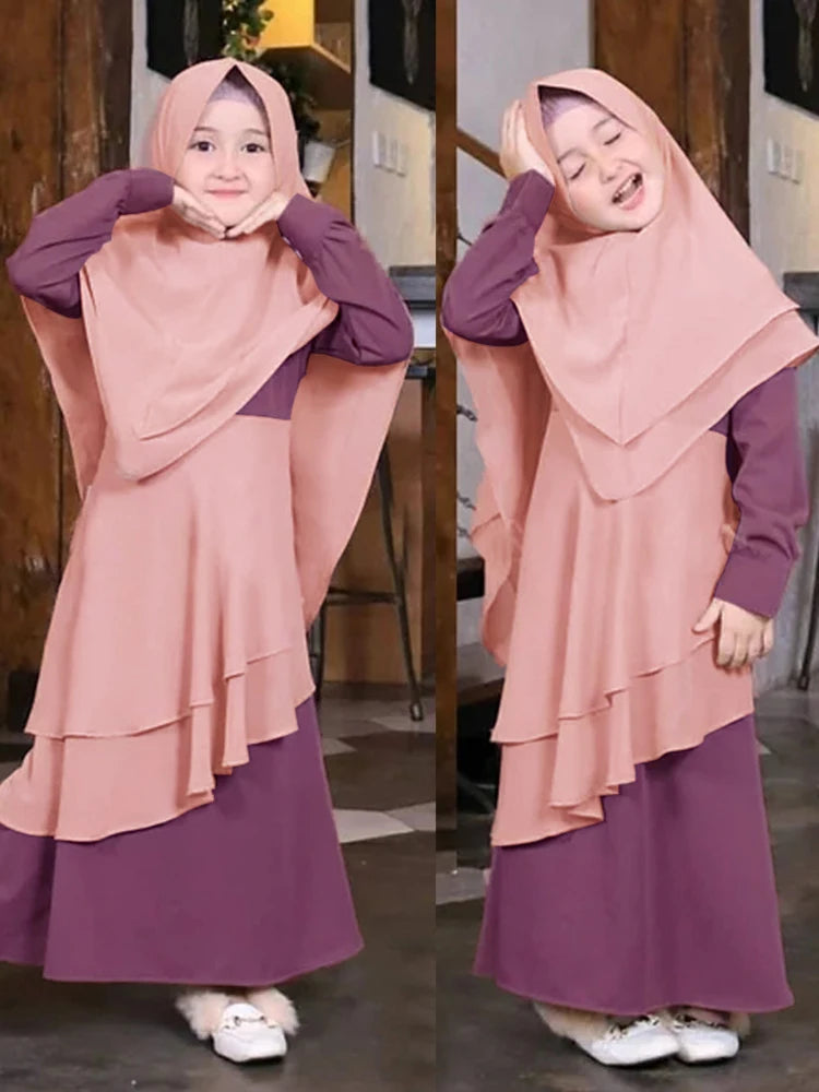 2Pcs Muslimischen Ramadan Gebet Kleid Abaya Sets Kinder Mädchen Eid Khimar Hijab Arabischen Kinder Lange Robe Kopftuch Kaftan Kleid jilbab