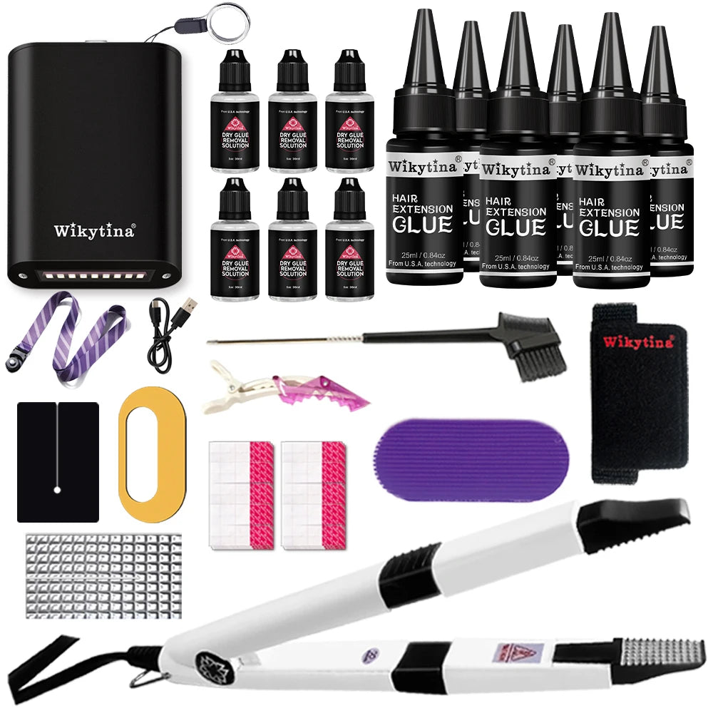 Komplette Haarverlängerungsmaschine mit UV-Licht, V-Licht-Werkzeugen, Kleber und Aushärtungsfeuerzeug für einfache Haarverlängerungen