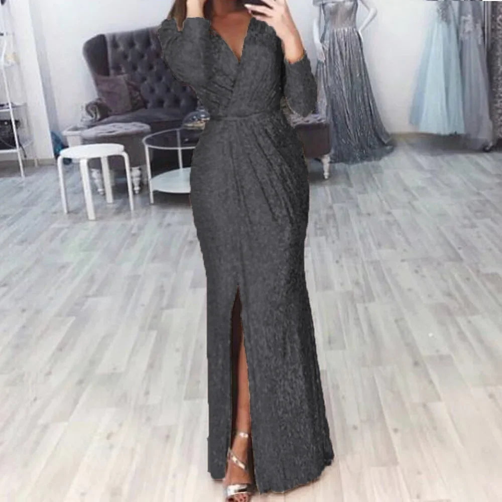 Frauen Pailletten Hohe Schlitz Party Kleid Geraffte Abend Glitter Kleider Tiefem V-ausschnitt Langarm Vestidos Sommer Neue 2023 Sexy