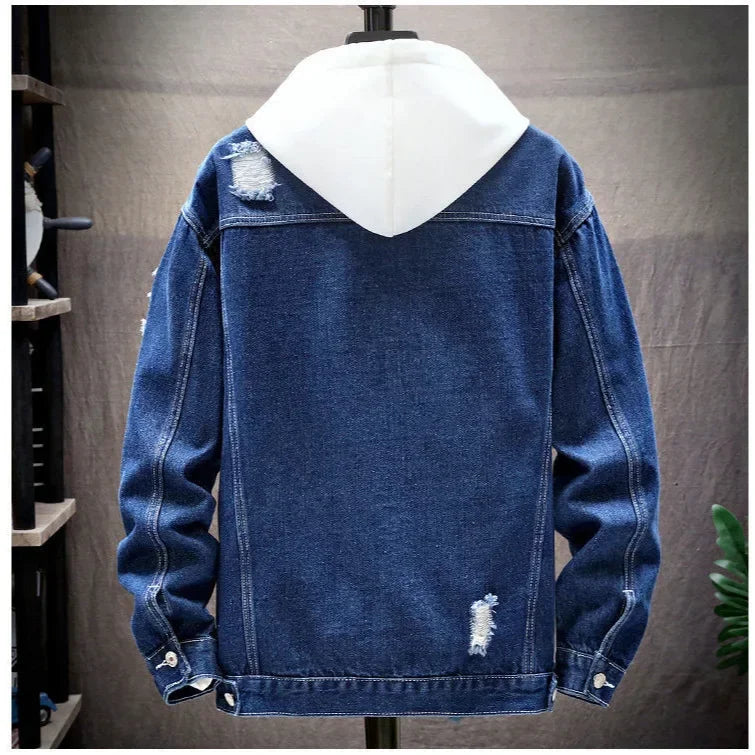 Herren-Jeansjacke, 2025, zerrissenes Loch, einreihige Mäntel, gespleißte Oberbekleidung, Jacken, Taschen, lässig, locker, gewaschen, Distressed
