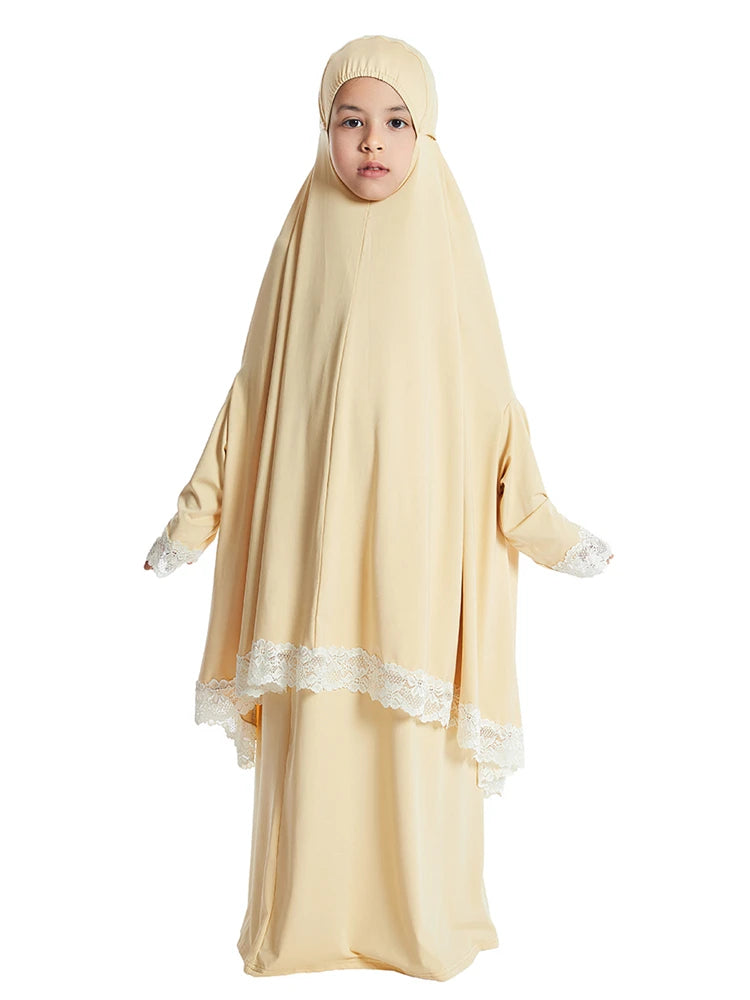 Muslimische Kinder Mädchen Hijab Kleid Ramadan Khimar Rock Set Overhead Eid Gebet Kleidungsstück Burka Abaya Robe Kaftan Kapuzenkleid