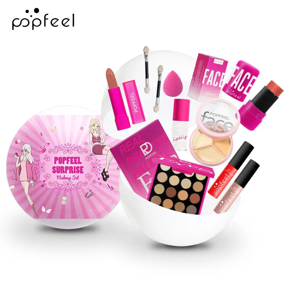 POPFEEL Überraschungs-Make-up-Ball-Set – 9-teiliges Make-up-Set mit Lidschatten und Lippenstiften, perfektes rosa Geschenk für Mädchen, ideale Weihnachten