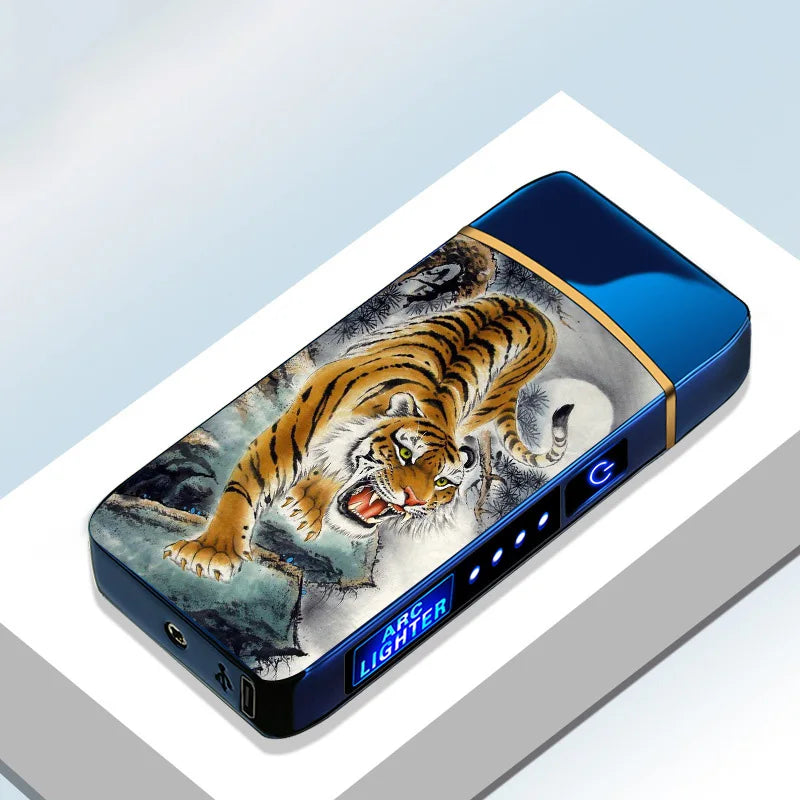 Elektrisches, winddichtes Metallfeuerzeug, Doppelbogen, flammenloses Plasma, wiederaufladbares USB-Feuerzeug, LED-Leistungsanzeige, Touch-Sensor-Feuerzeuge