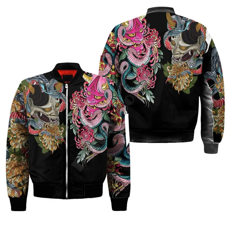 3D Gedruckt Neue Samurai Oni Maske Tattoo Herren Bomber Jacke Casual Frühling Herbst Vintage Zipper Jacke Unisex Kleidung Streetwear