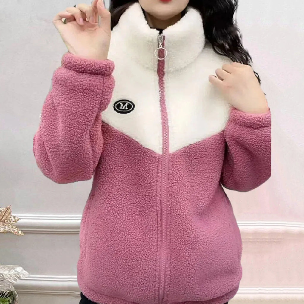 Winter Frauen Mantel Dicken Plüsch Stehkragen Reißverschluss Samt Jacke Colorblock Lange Ärmel Taschen Strickjacke Oberbekleidung