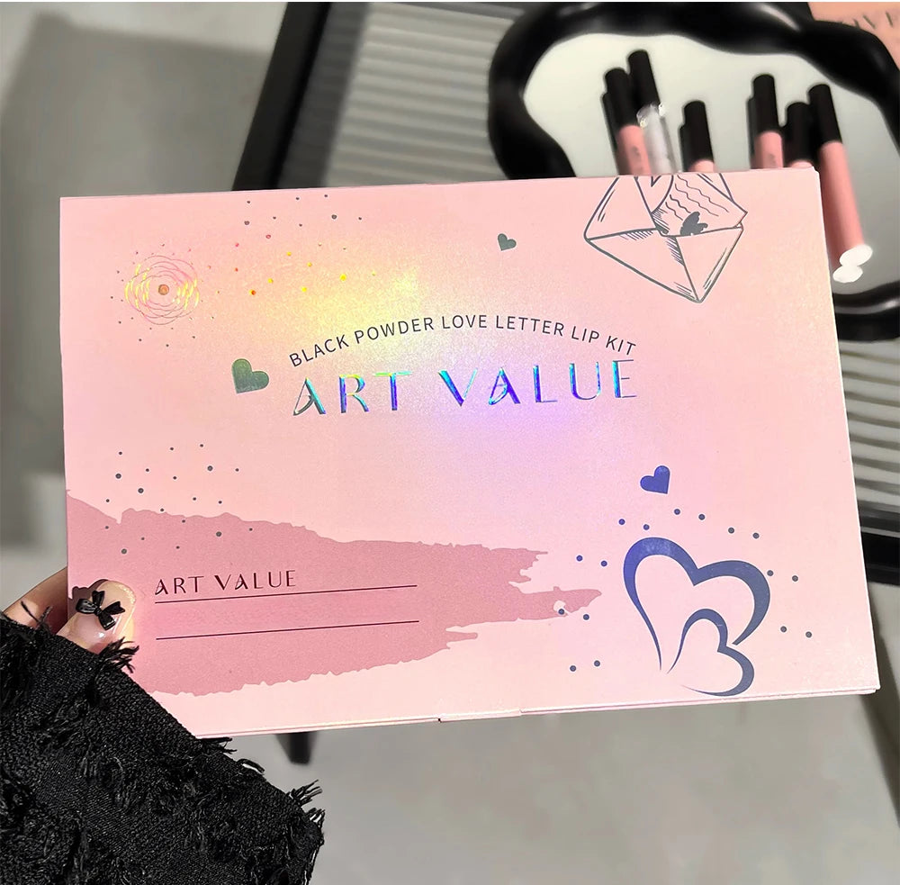 Rosa Liebesbrief Lippenschlamm Spiegelglasur Halskette Set Lippen Make-up Set mit mattem weichem Nebel und weißem Frauen Make-up Kosmetik Geschenke