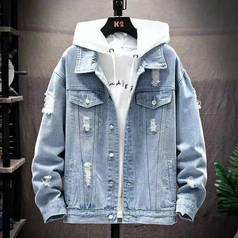 Herren-Jeansjacke, 2025, zerrissenes Loch, einreihige Mäntel, gespleißte Oberbekleidung, Jacken, Taschen, lässig, locker, gewaschen, Distressed