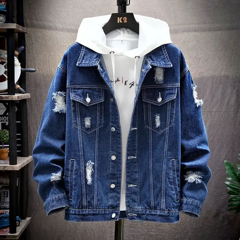 Herren-Jeansjacke, 2025, zerrissenes Loch, einreihige Mäntel, gespleißte Oberbekleidung, Jacken, Taschen, lässig, locker, gewaschen, Distressed