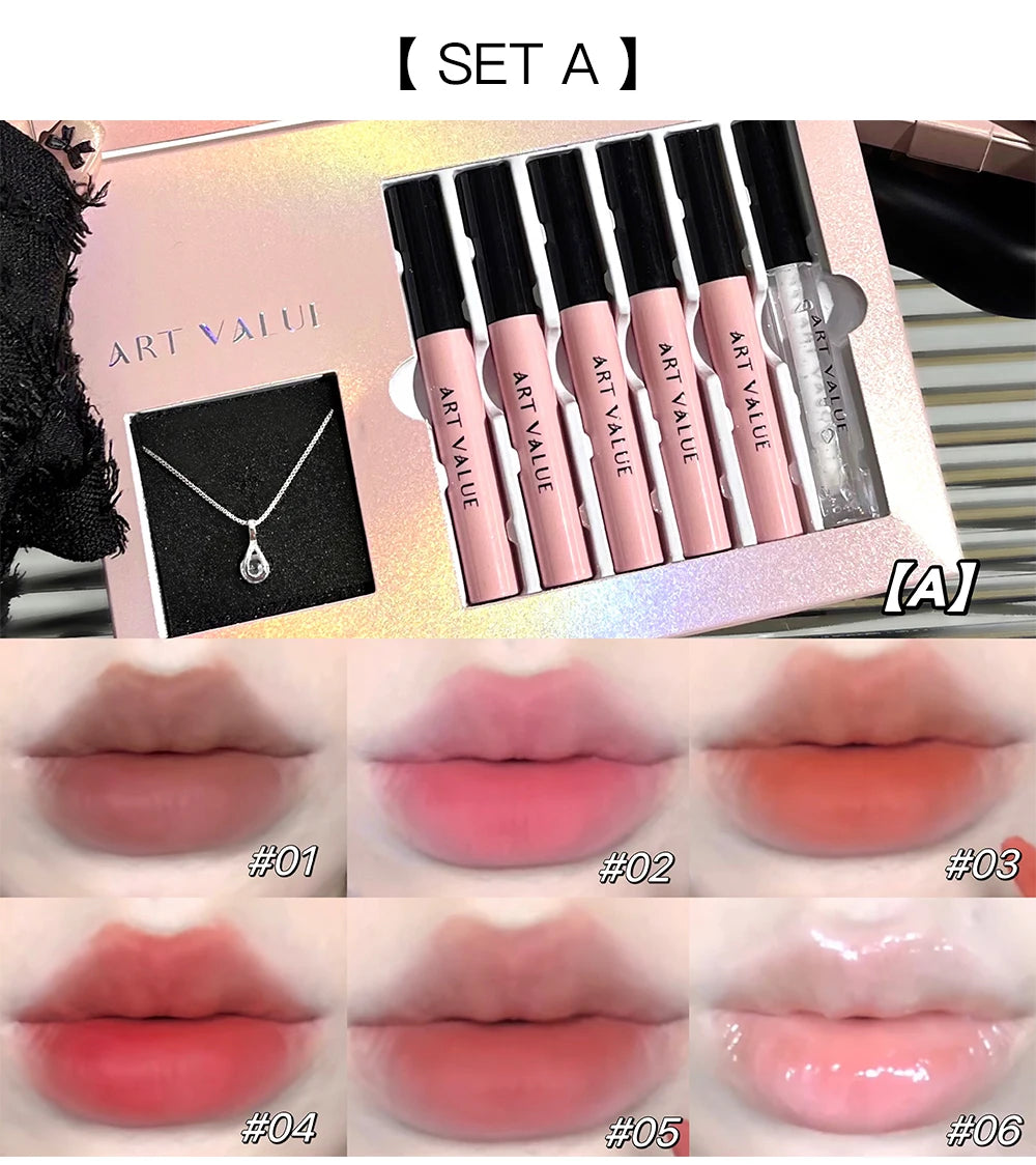 Rosa Liebesbrief Lippenschlamm Spiegelglasur Halskette Set Lippen Make-up Set mit mattem weichem Nebel und weißem Frauen Make-up Kosmetik Geschenke