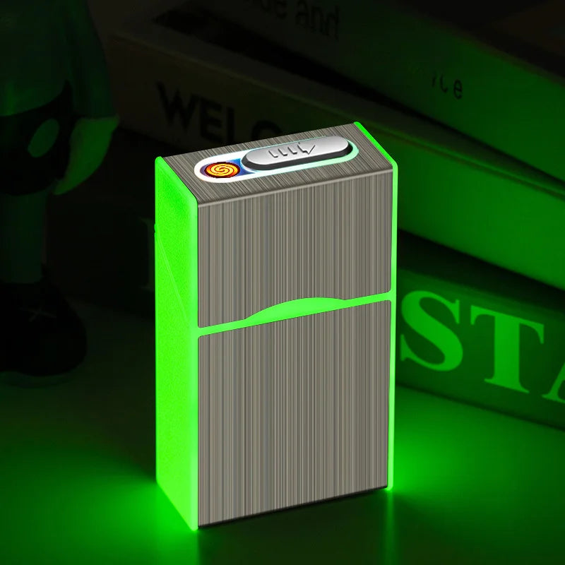 2 in 1 leuchtendes Zigarettenetui, 20 Stück, USB wiederaufladbar, Zigarettenanzünder, winddicht, Zigarettenetui, Geschenk, Raucherzubehör