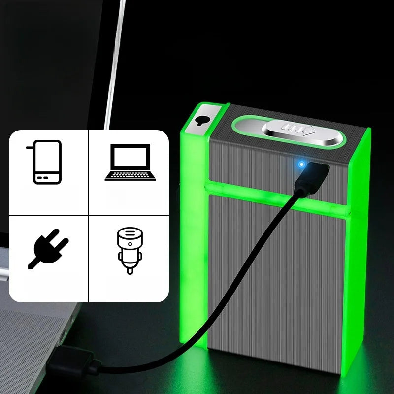 2 in 1 leuchtendes Zigarettenetui, 20 Stück, USB wiederaufladbar, Zigarettenanzünder, winddicht, Zigarettenetui, Geschenk, Raucherzubehör